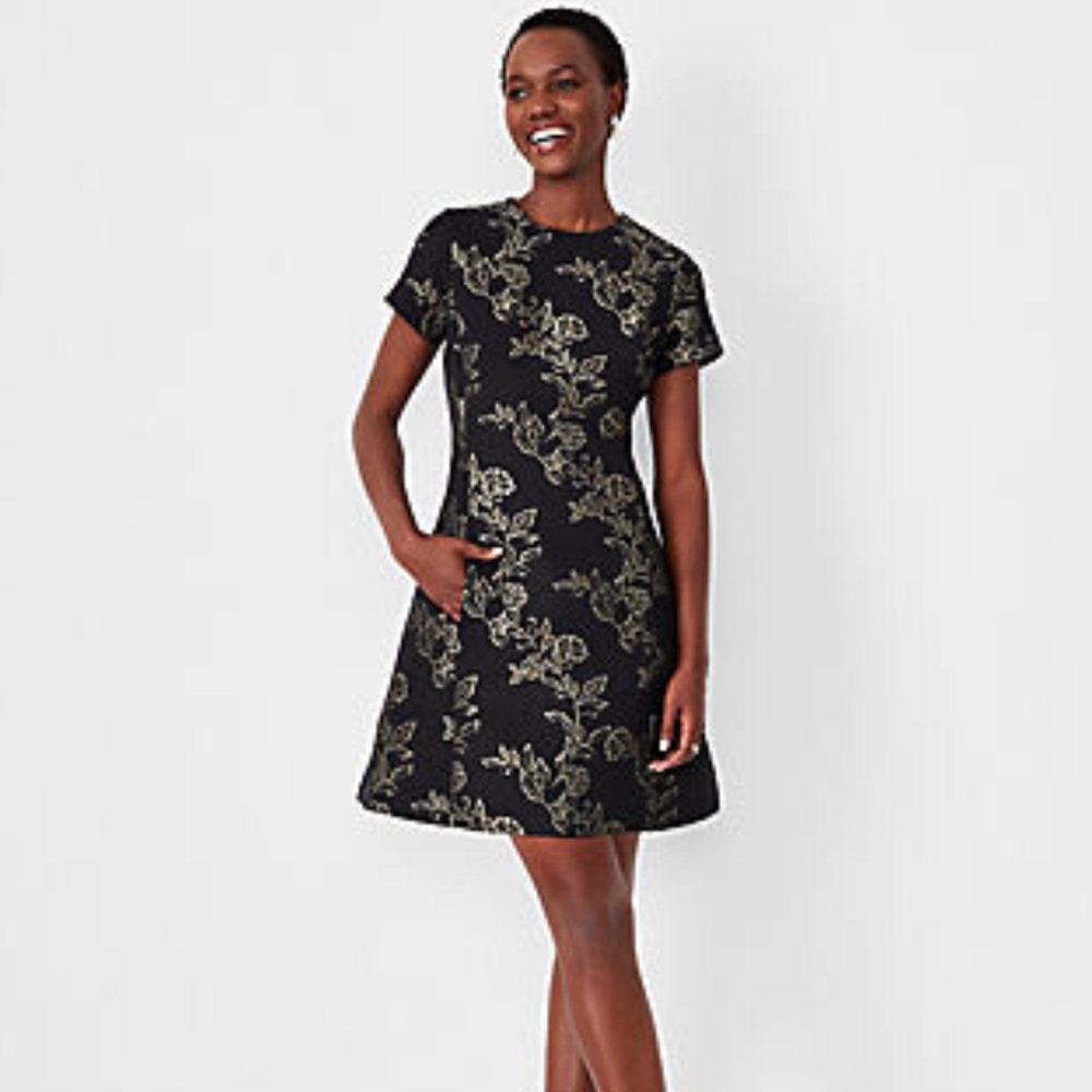 NWT Ann Taylor Brocade Shimmer Dress, Cocktail Party, Work, Black & Gold Florals